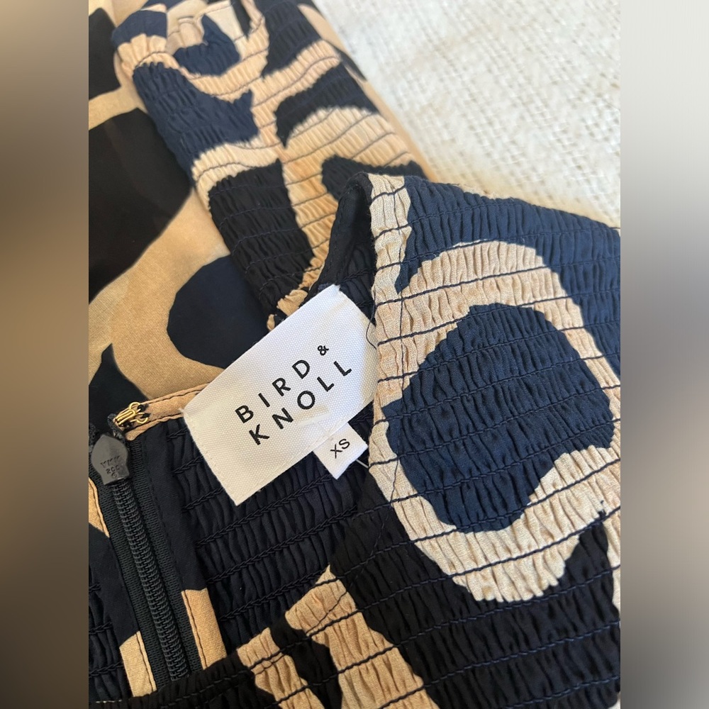 Elegant Navy Beige Pattern bird & knoll sunset maxi cotton dress fit xs/small - Picture 9 of 10